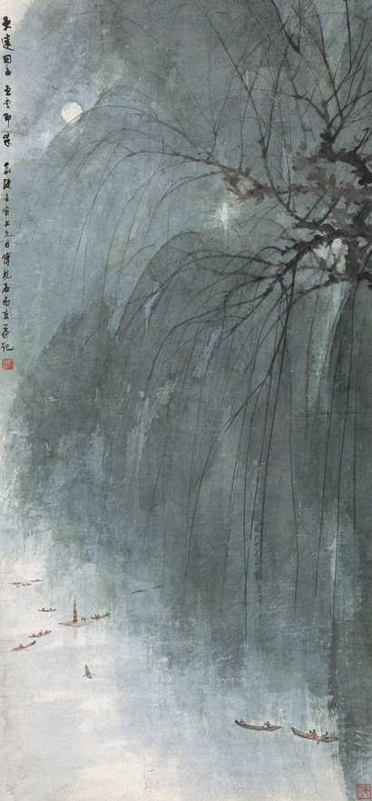 傅抱石 1962年作 柳湖赏月 立轴